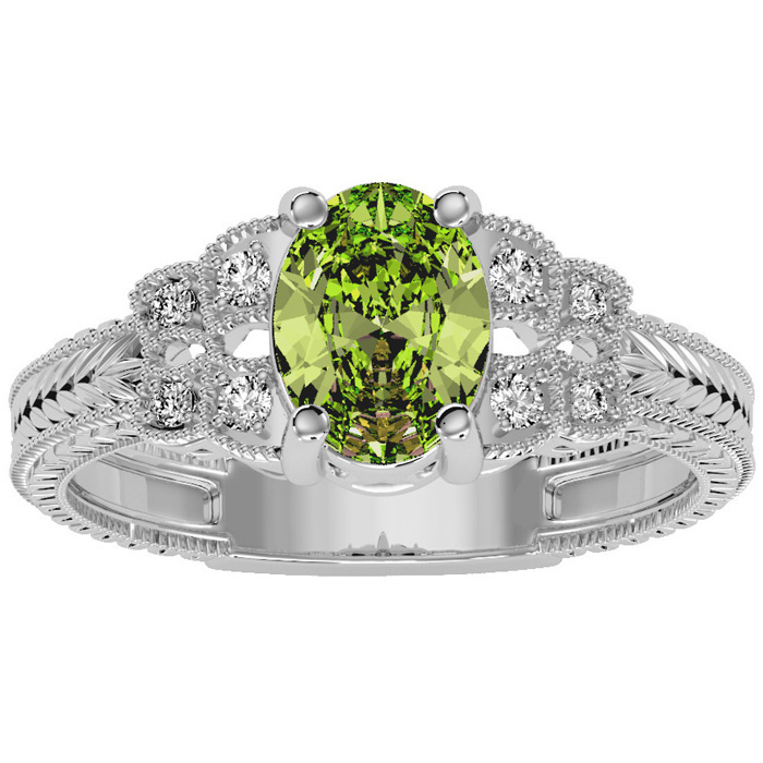 1.5 Carat Oval Shape Peridot & 8 Diamond Ring in White Gold (3.50 g), , Size 4 by SuperJeweler