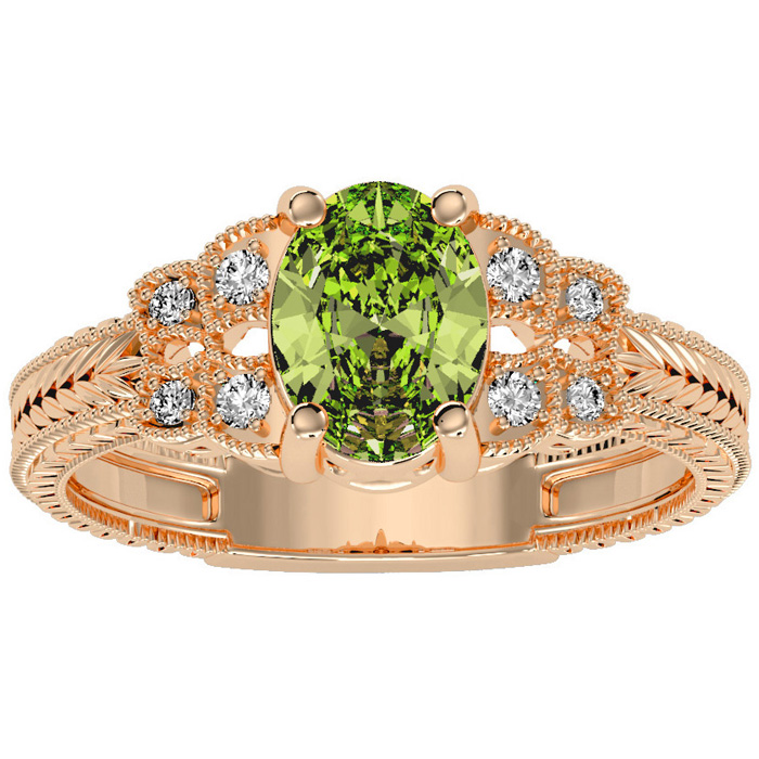 1.5 Carat Oval Shape Peridot & 8 Diamond Ring in Rose Gold (3.50 g), , Size 4 by SuperJeweler