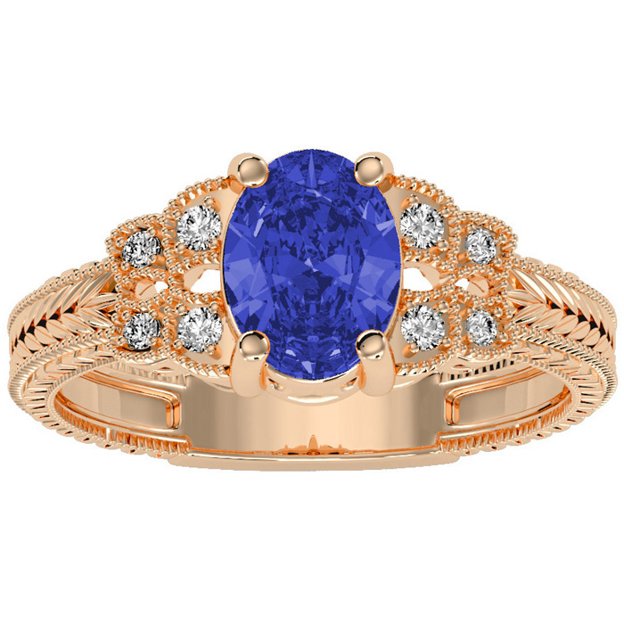 1 1/3 Carat Oval Shape Tanzanite & 8 Diamond Ring in Rose Gold (3.50 g), , Size 4 by SuperJeweler