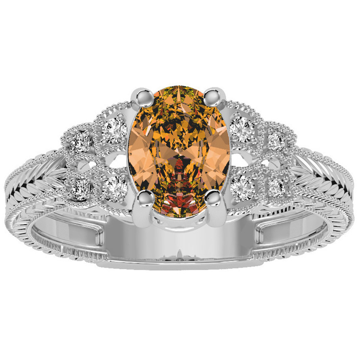 1 Carat Oval Shape Citrine & 8 Diamond Ring in White Gold (3.50 g), , Size 4 by SuperJeweler