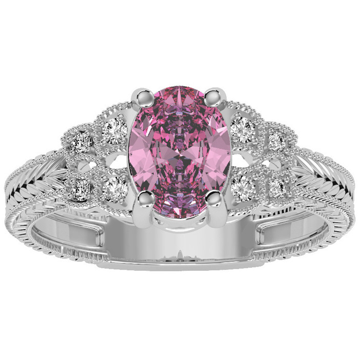 1 Carat Oval Shape Pink Topaz & 8 Diamond Ring in White Gold (3.50 g), , Size 4 by SuperJeweler