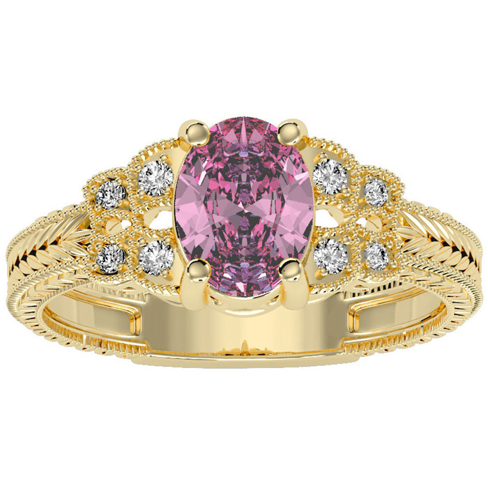 1 Carat Oval Shape Pink Topaz & 8 Diamond Ring in Yellow Gold (3.50 g), , Size 4 by SuperJeweler