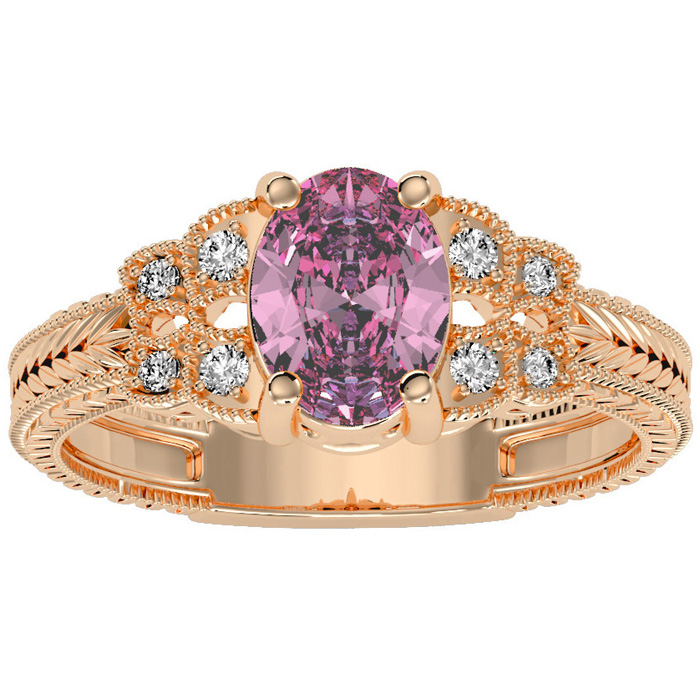 1 Carat Oval Shape Pink Topaz & 8 Diamond Ring in Rose Gold (3.50 g), , Size 4 by SuperJeweler