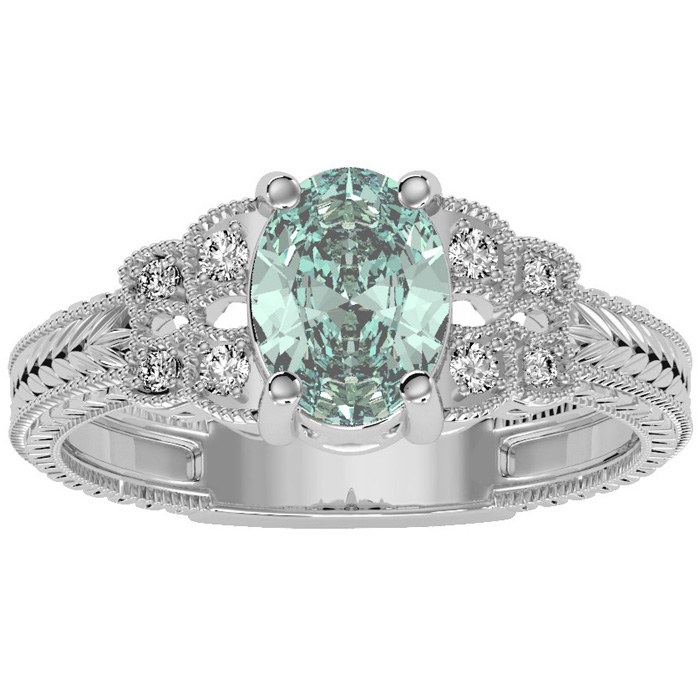 1 Carat Oval Shape Green Amethyst & 8 Diamond Ring in White Gold (3.50 g), , Size 4 by SuperJeweler