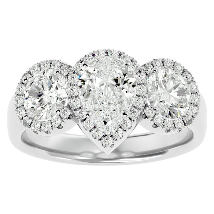 2.5 Carat Pear Shape Halo Diamond Three Stone Ring in 14K White G