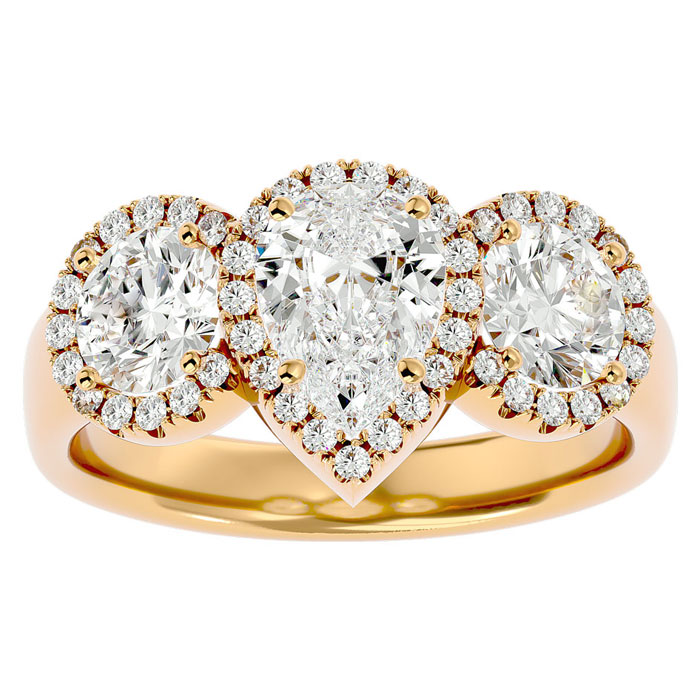 2.5 Carat Pear Shape Halo Diamond Three Stone Ring in 14K Yellow 