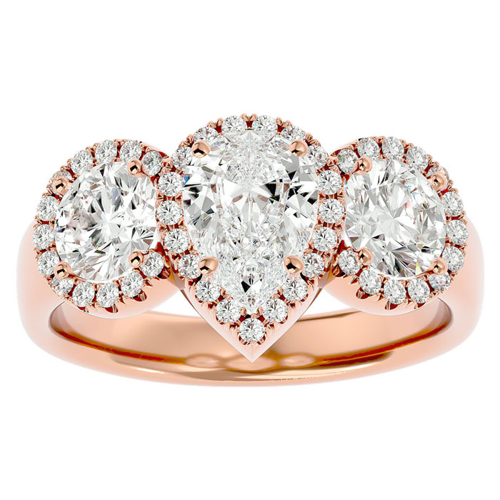 2.5 Carat Pear Shape Halo Diamond Three Stone Ring in 14K Rose Go