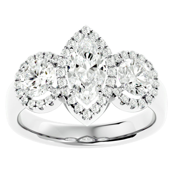 2.5 Carat Marquise Shape Halo Diamond Three Stone Ring in 14K White Gold (5.80 g) (