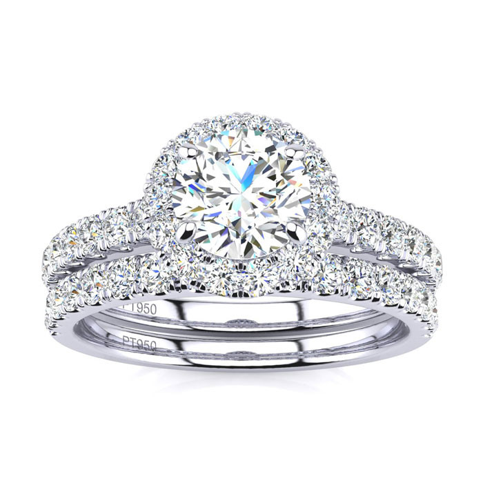 1.5 Carat Pave Halo Diamond Bridal Engagement Ring Set in Platinu