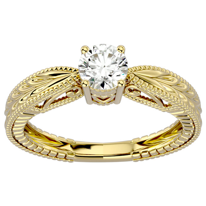 1/2 Carat Diamond Solitaire Engagement Ring w/ Tapered Etched Band in 14K Yellow Gold (3.80 g) (, SI2-I1), Size 4 by SuperJeweler