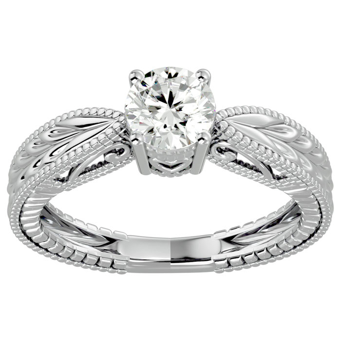 3/4 Carat Moissanite Solitaire Engagement Ring w/ Tapered Etched Band in 14K White Gold (4 g), E/F Color, Size 4 by SuperJeweler