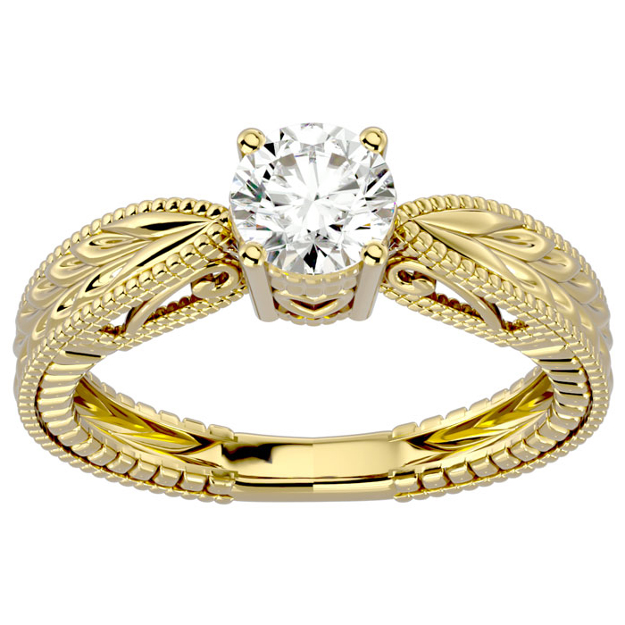 3/4 Carat Moissanite Solitaire Engagement Ring w/ Tapered Etched Band in 14K Yellow Gold (4 g), E/F Color, Size 4 by SuperJeweler