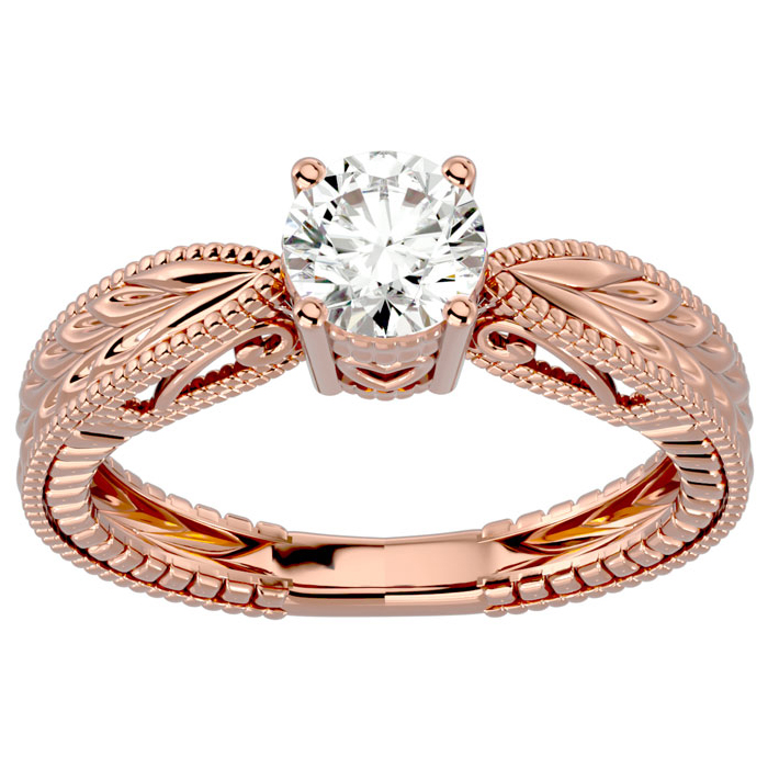 3/4 Carat Moissanite Solitaire Engagement Ring w/ Tapered Etched Band in 14K Rose Gold (4 g), E/F Color, Size 4 by SuperJeweler