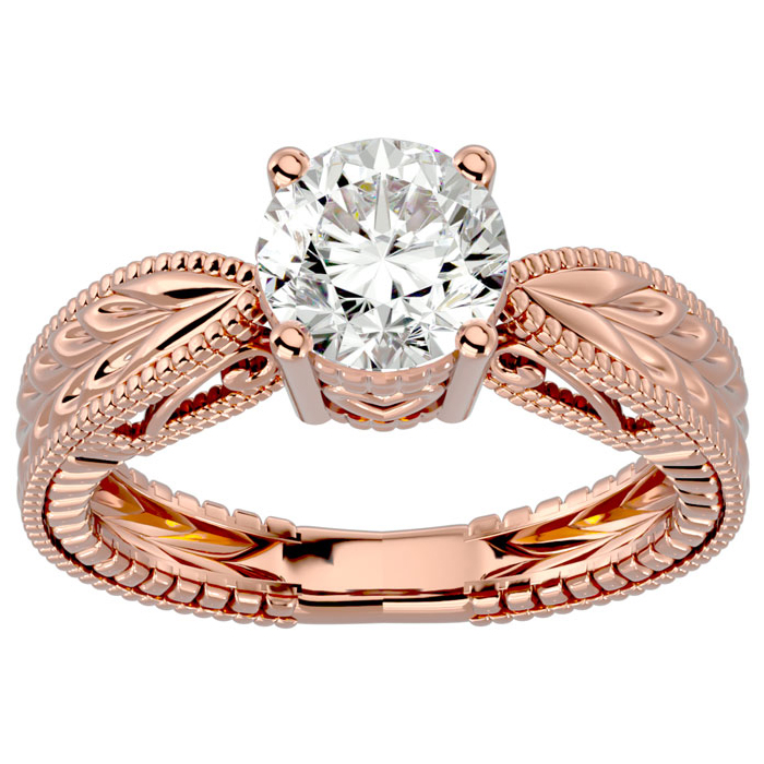 1.5 Carat Moissanite Solitaire Engagement Ring w/ Tapered Etched Band in 14K Rose Gold (5.20 g), E/F Color, Size 4 by SuperJeweler