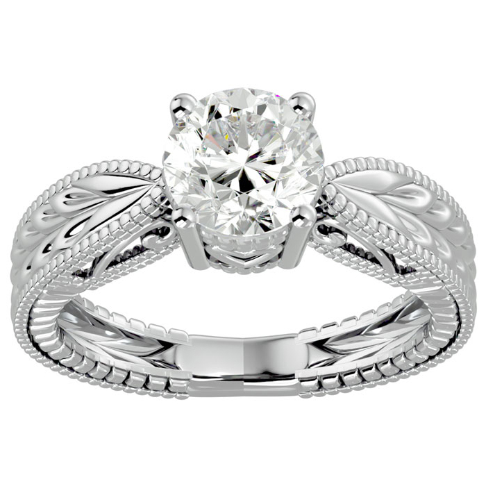 1.5 Carat Diamond Solitaire Engagement Ring w/ Tapered Etched Band in 14K White Gold (5.20 g) (