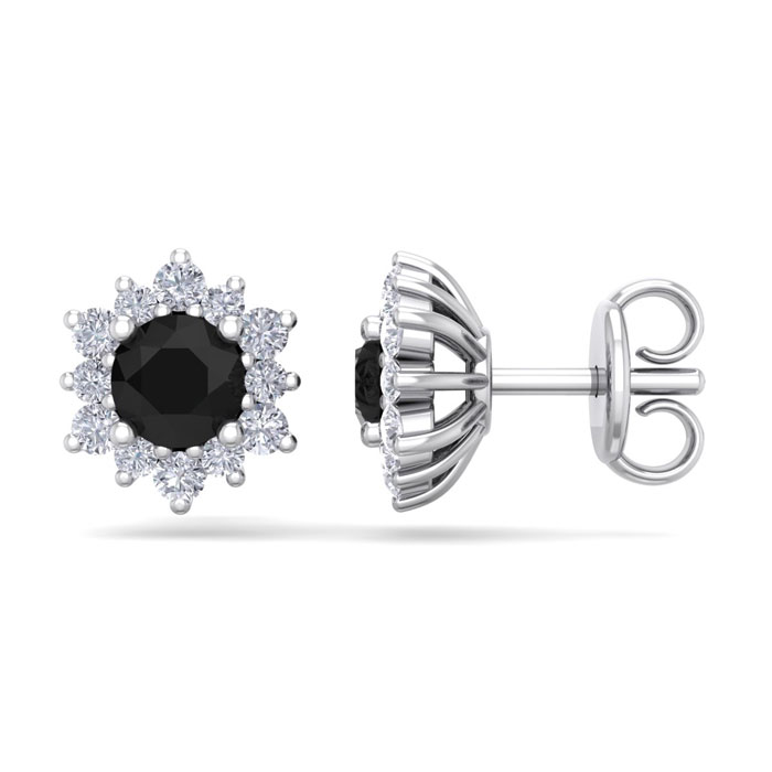 1 Carat Round Shape Flower Black Diamond Halo Stud Earrings in 14K White Gold (1.80 g),  by SuperJeweler