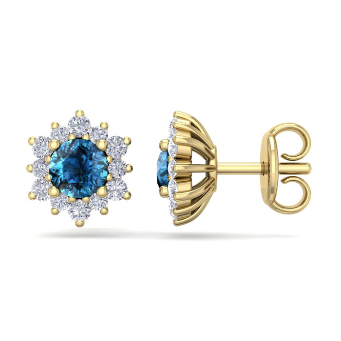 1 Carat Round Shape Flower Blue Diamond Halo Stud Earrings in 14K Yellow Gold (1.80 g),  by SuperJeweler
