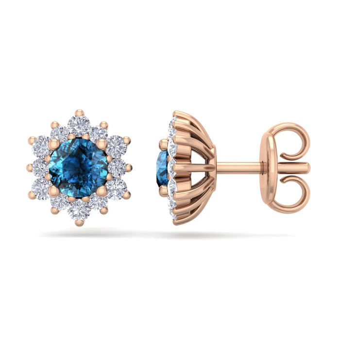 1 Carat Round Shape Flower Blue Diamond Halo Stud Earrings in 14K Rose Gold (1.80 g),  by SuperJeweler