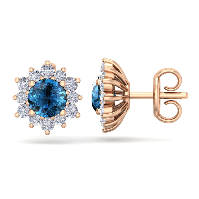 1.5 Carat Round Shape Flower Blue Diamond Halo Stud Earrings in 14K Rose Gold (2 g),  by SuperJeweler