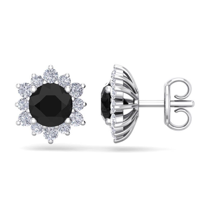 2 Carat Round Shape Flower Black Diamond Halo Stud Earrings in 14K White Gold (2.20 g),  by SuperJeweler