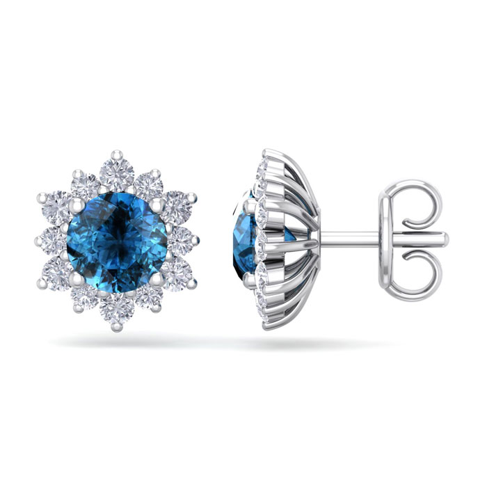 2 Carat Round Shape Flower Blue Diamond Halo Stud Earrings in 14K White Gold (2.20 g),  by SuperJeweler