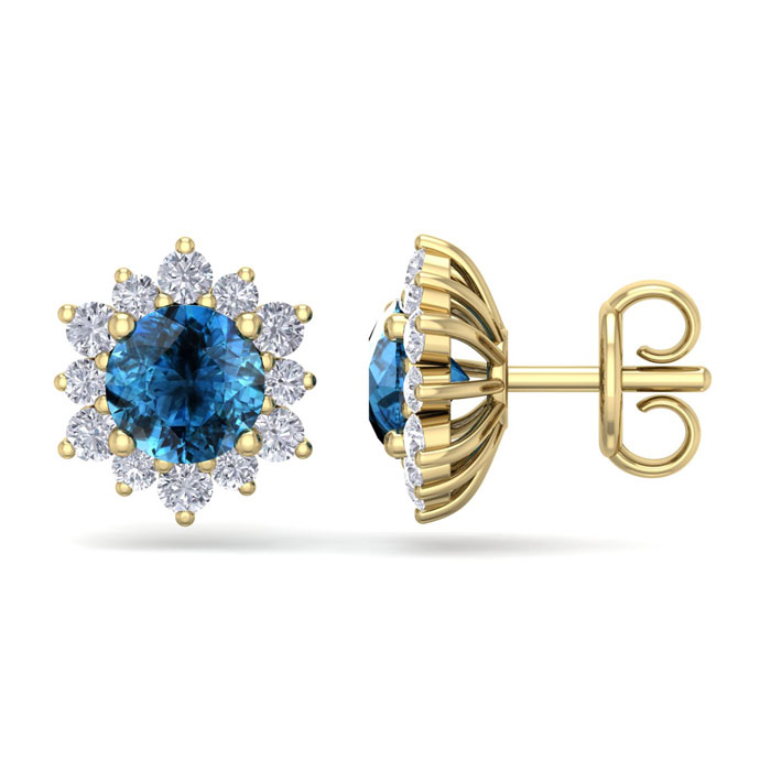 2 Carat Round Shape Flower Blue Diamond Halo Stud Earrings in 14K Yellow Gold (2.20 g),  by SuperJeweler