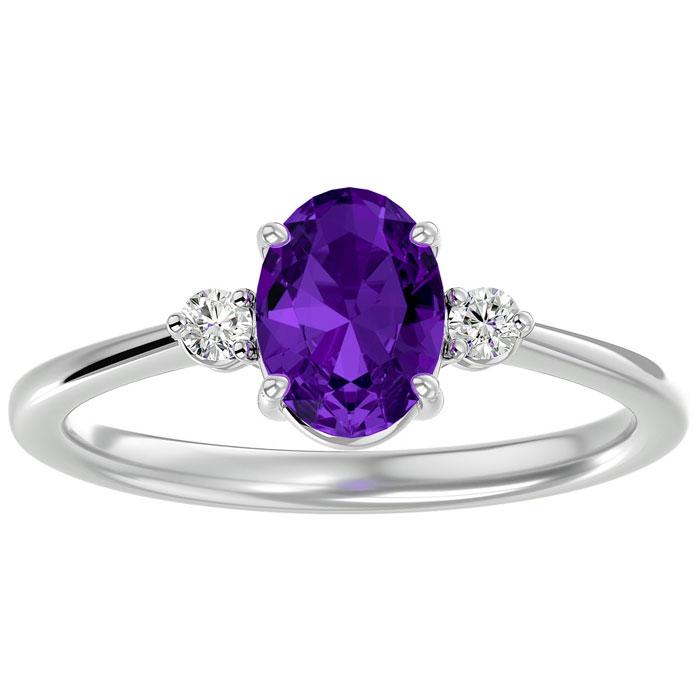 1.15 Carat Oval Shape Amethyst & Two 2 Diamond Ring in 14K White Gold (2.40 g), , Size 4 by SuperJeweler