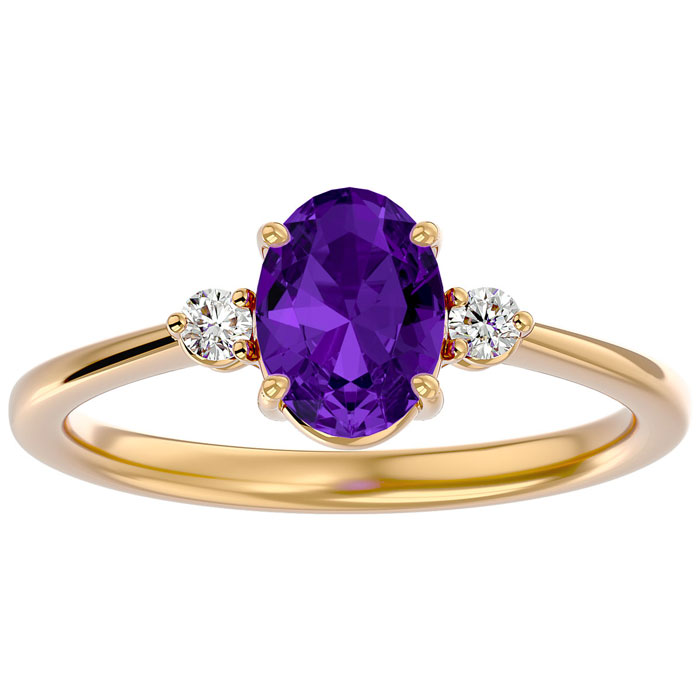 1.15 Carat Oval Shape Amethyst & Two 2 Diamond Ring in 14K Yellow Gold (2.40 g), , Size 4 by SuperJeweler