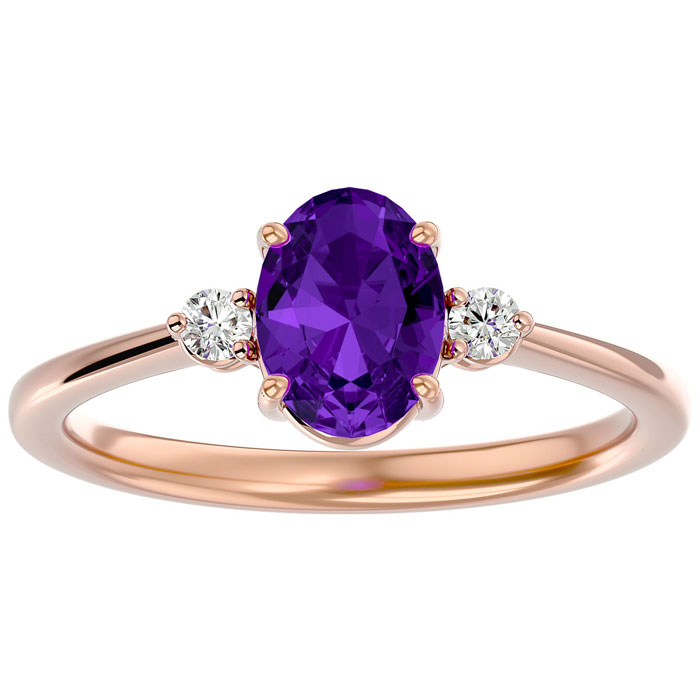 1.15 Carat Oval Shape Amethyst & Two 2 Diamond Ring in 14K Rose Gold (2.40 g), , Size 4 by SuperJeweler