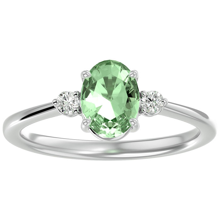 1.15 Carat Oval Shape Green Amethyst & Two 2 Diamond Ring in 14K White Gold (2.40 g), , Size 4 by SuperJeweler