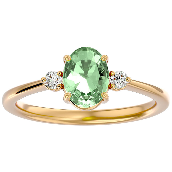 1.15 Carat Oval Shape Green Amethyst & Two 2 Diamond Ring in 14K Yellow Gold (2.40 g), , Size 4 by SuperJeweler