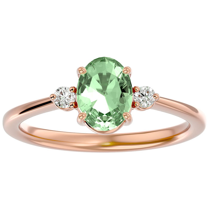 1.15 Carat Oval Shape Green Amethyst & Two 2 Diamond Ring in 14K Rose Gold (2.40 g), , Size 4 by SuperJeweler