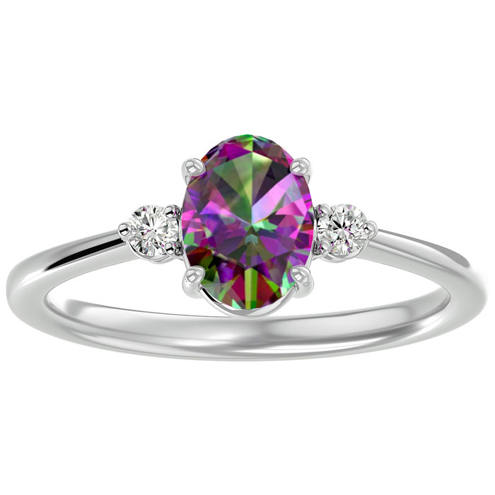 1.15 Carat Oval Shape Mystic Topaz & Two 2 Diamond Ring in 14K White Gold (2.40 g), , Size 4 by SuperJeweler