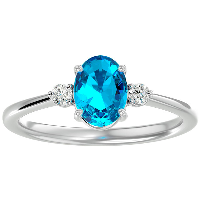 1.5 Carat Oval Shape Blue Topaz & Two 2 Diamond Ring in 14K White Gold (2.40 g), , Size 4 by SuperJeweler