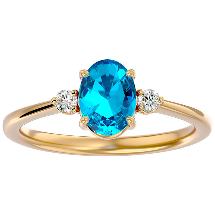 1.5 Carat Oval Shape Blue Topaz & Two 2 Diamond Ring in 14K Yellow Gold (2.40 g), , Size 4 by SuperJeweler