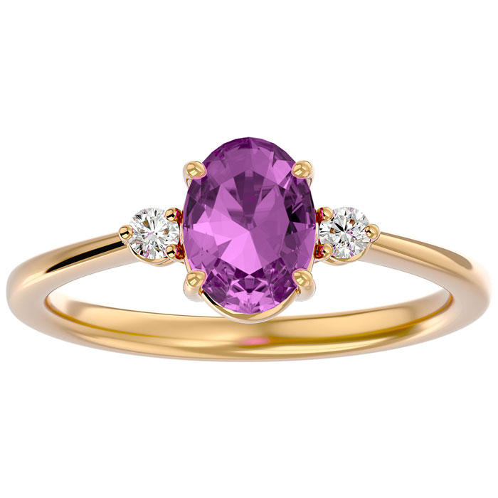 1.5 Carat Oval Shape Pink Topaz & Two 2 Diamond Ring in 14K Yellow Gold (2.40 g), , Size 4 by SuperJeweler