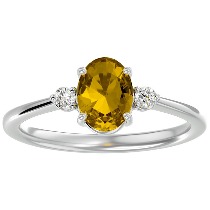 1.15 Carat Oval Shape Citrine & Two 2 Diamond Ring in 14K White Gold (2.40 g), , Size 4 by SuperJeweler