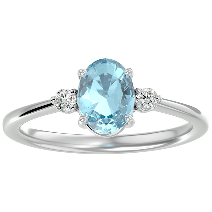 1.25 Carat Oval Shape Aquamarine & Two 2 Diamond Ring in 14K White Gold (2.40 g), , Size 4 by SuperJeweler