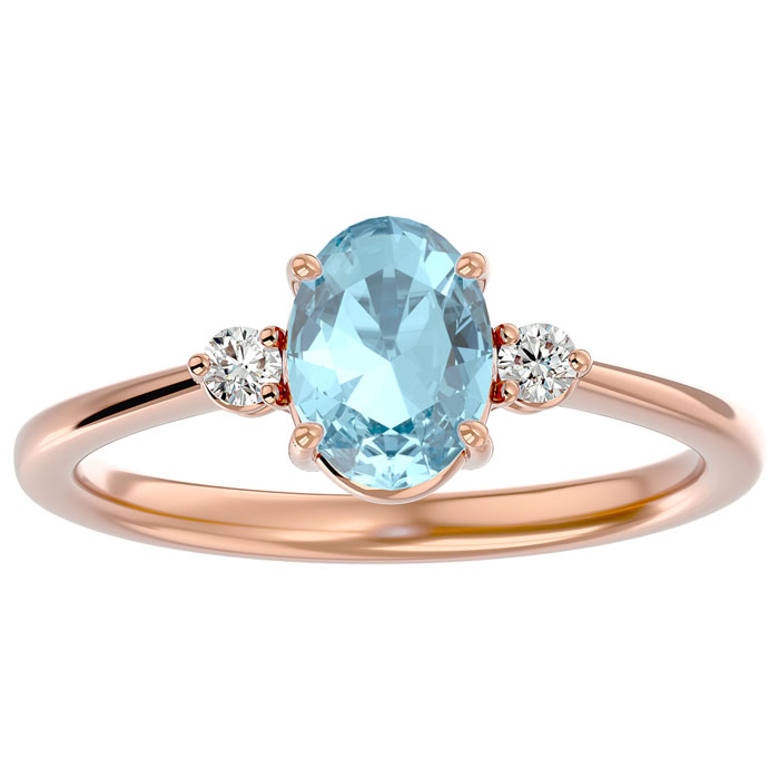 1.25 Carat Oval Shape Aquamarine & Two 2 Diamond Ring in 14K Rose Gold (2.40 g), , Size 4 by SuperJeweler