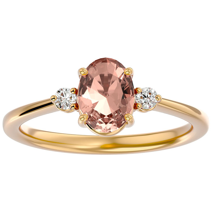 1.25 Carat Oval Shape Morganite & Two 2 Diamond Ring in 14K Yellow Gold (2.40 g), , Size 4 by SuperJeweler