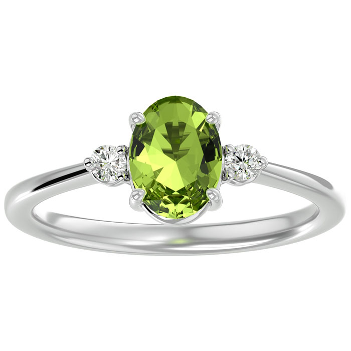 1.5 Carat Oval Shape Peridot & Two 2 Diamond Ring in 14K White Gold (2.40 g), , Size 4 by SuperJeweler