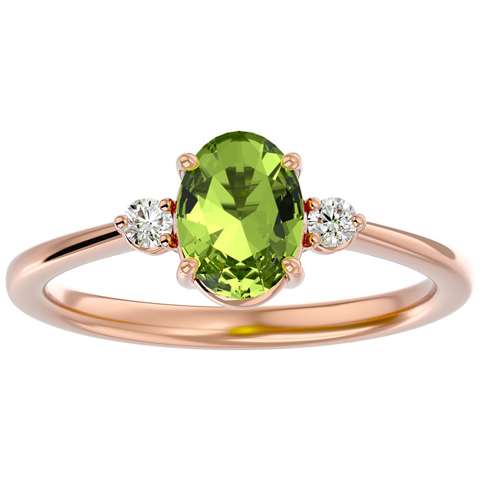1.5 Carat Oval Shape Peridot & Two 2 Diamond Ring in 14K Rose Gold (2.40 g), , Size 4 by SuperJeweler