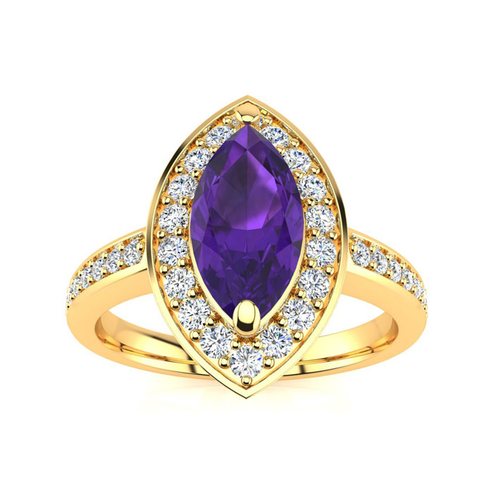 1 Carat Marquise Amethyst & 28 Diamond Ring in 14K Yellow Gold (3 g), , Size 4 by SuperJeweler