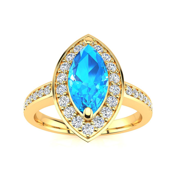 1 Carat Marquise Blue Topaz & 28 Diamond Ring in 14K Yellow Gold (3 g), , Size 4 by SuperJeweler