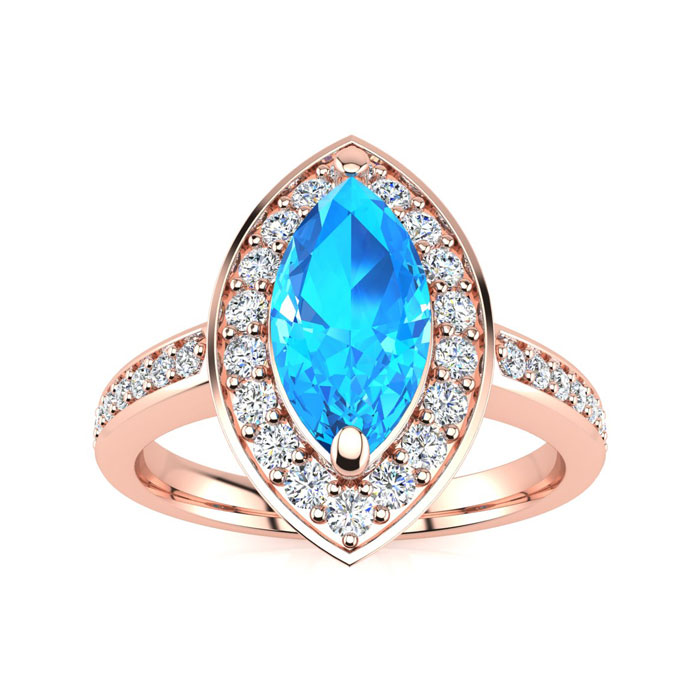 1 Carat Marquise Blue Topaz & 28 Diamond Ring in 14K Rose Gold (3 g), , Size 4 by SuperJeweler