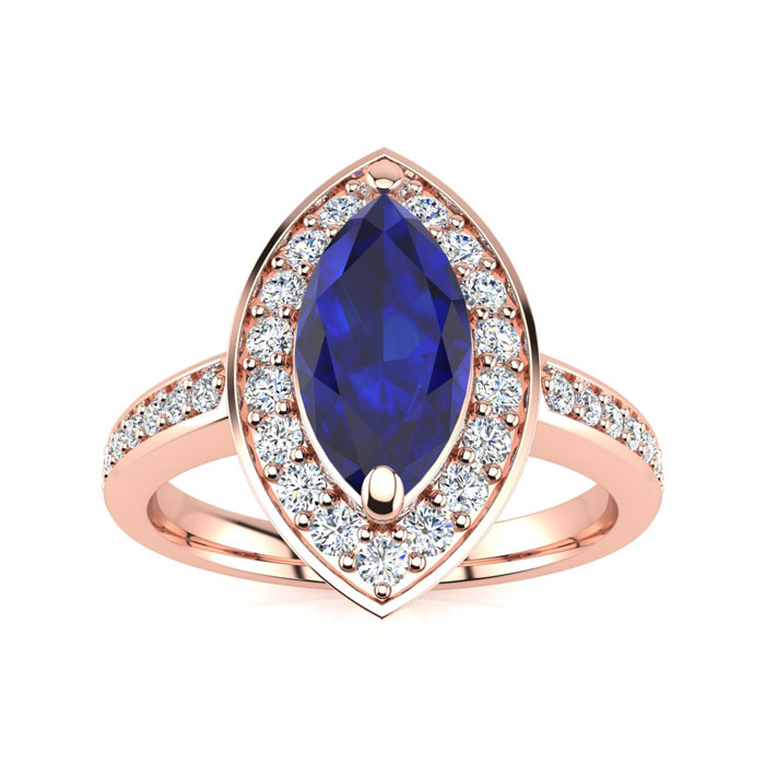 1 Carat Marquise Blue Sapphire & 28 Diamond Ring in 14K Rose Gold (3 g), , Size 4 by SuperJeweler