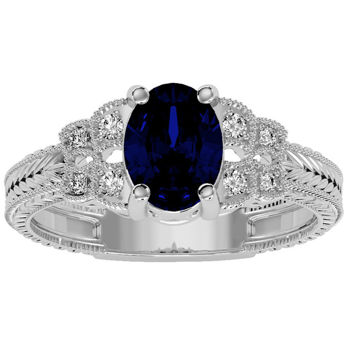 1 3/4 Carat Oval Shape Sapphire & 8 Diamond Ring in Solid Sterling Silver, , Size 10 by SuperJeweler