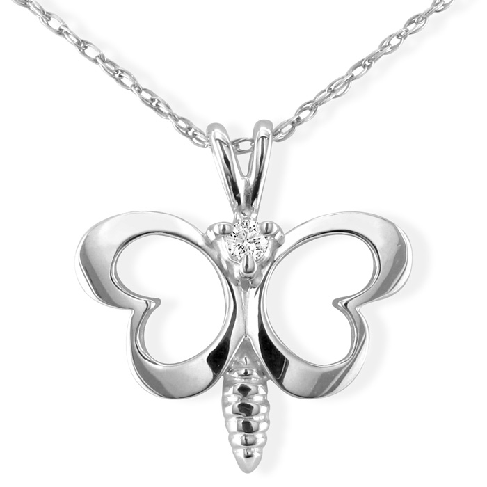 Cute Diamond Butterfly Pendant Necklace in White Gold, , 18 Inch Chain by SuperJeweler