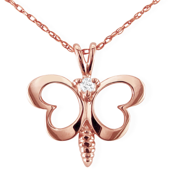 Cute Diamond Butterfly Pendant Necklace in Rose Gold, , 18 Inch Chain by SuperJeweler