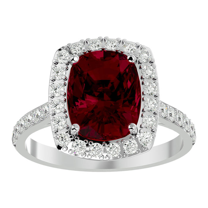 5 Carat Cushion Cut Ruby & Halo 34 Diamond Ring In 18K White Gold (6.50 G), , Size 4 By SuperJeweler